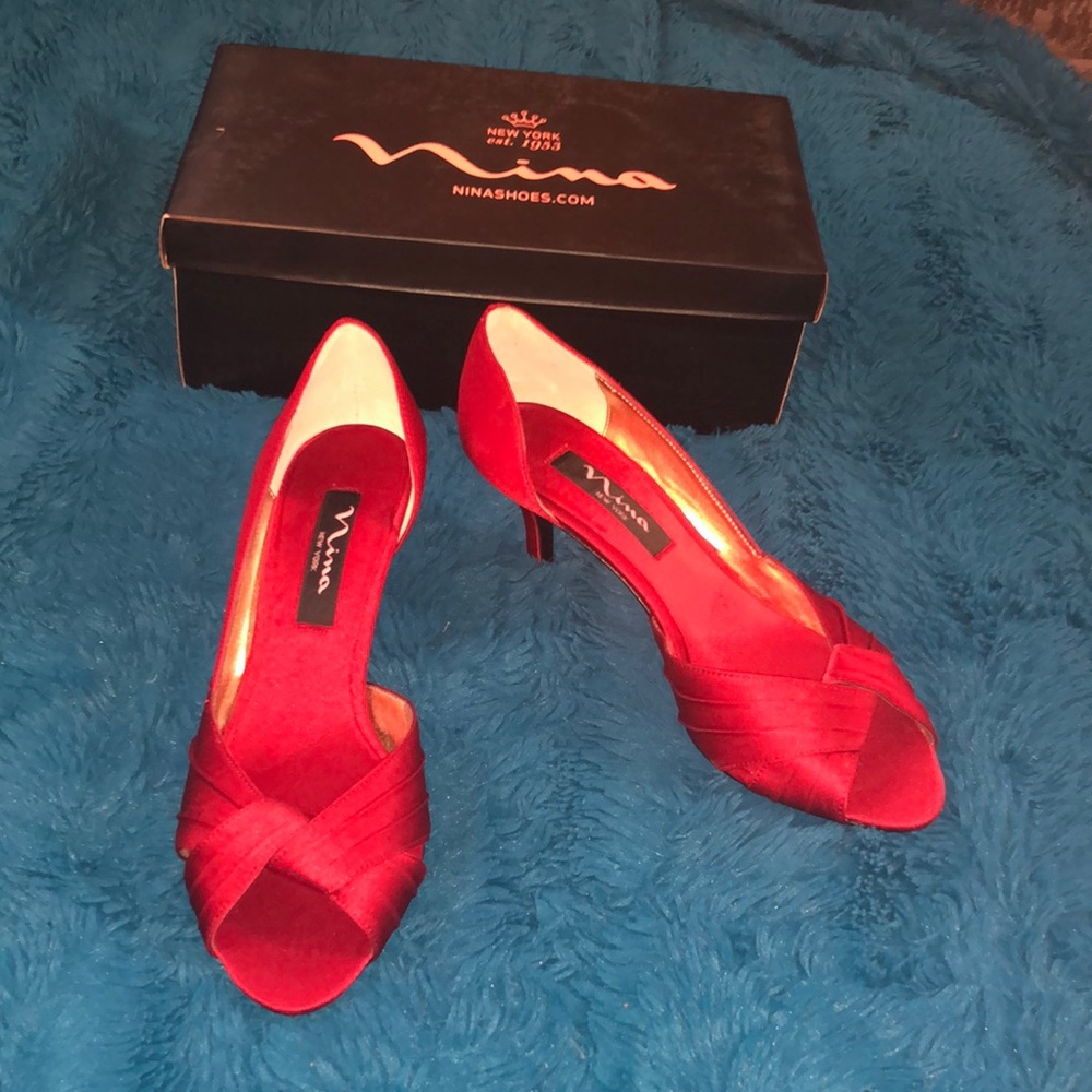 Satin red pumps
